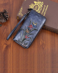 Womens Butterfly&Orchid Flower Brown Leather Wristlet Wallets Zip Around Wallet Flower Ladies Zipper Clutch Wallet for Women