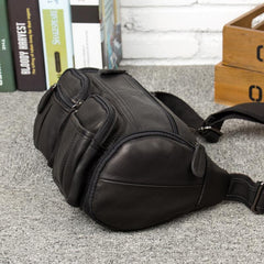 Black Leather Mens Cool Barrel Waist Bag Fanny Pack Hip Pack Cool Bum Bag for men
