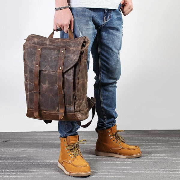 Casual Men's Waxed Canvas Brown School Travel Backpack Laptop Backpack For Men APHE01692004