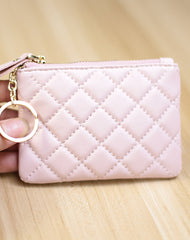 Mini Women Pink Leather Zip Coin Wallet with Keychains Keys Wallet Small Zip Change Wallet For Women