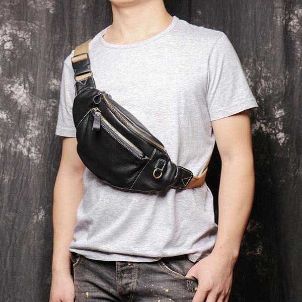 Best Black Leather Fanny Pack Men's Black - Back View
