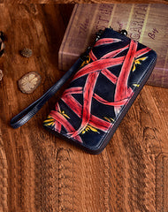 Handmade Bracketplant Black Leather Wristlet Wallet Womens Zip Around Wallets Flowers Ladies Zipper Clutch Wallet for Women