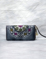 Handmade Floral Gray Leather Wristlet Wallet Womens Zip Around Wallets Floral Cards Ladies Zipper Clutch Wallet for Women