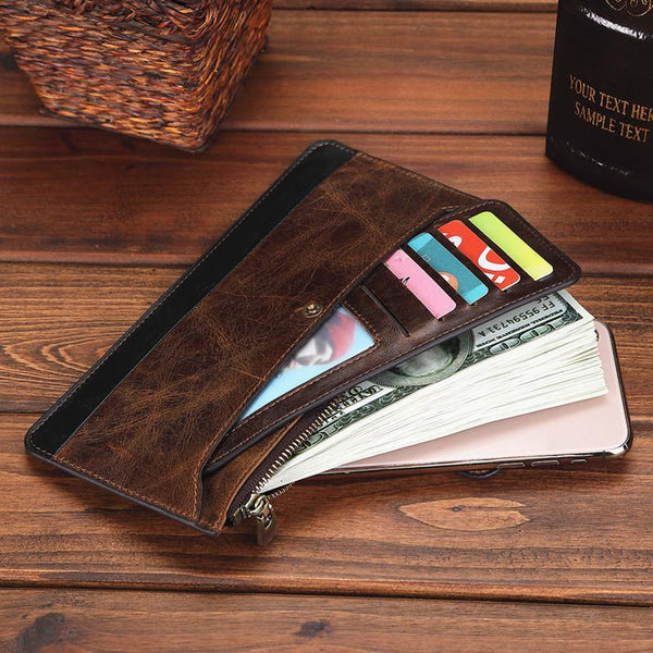 Vintage Coffee Mens Slim Leather Long Wallet - Back View