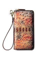 Womens Blue&Yellow Leather Zip Around Wallets Ostrich Pattern Wristlet Wallets Ladies Zipper Clutch Wallet for Women