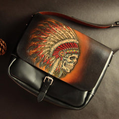 Handmade Black Tooled Chinese Lion Leather Courier Bag Messenger Bag For Men