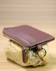 Slim Women Black Leather Mini Zip Wallet with Keychain Billfold Minimalist Coin Wallet Small Zip Change Wallet For Women