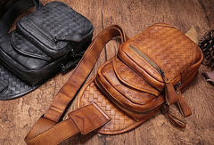 Genuine Brown Leather Mens Chest Bag Woven Sling Bag Sling Pack Sling Backpack for men