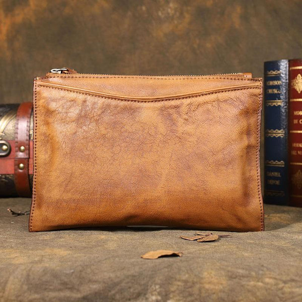 Handmade Leather Mens Brown Long Leather Wallet Wristlet Bag Envelope Bag Clutch DM01781009