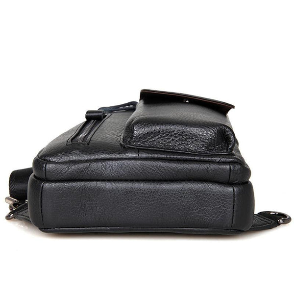 Top Black Leather Backpack Men's Sling Bag Chest Bag Top One shoulder Backpack S FY01582197