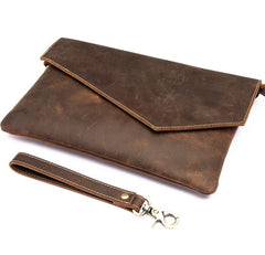 Dark Brown Vintage Leather Wristlet Bag Mens Tablet Bag Handy File Bag Clutch Bag For Men