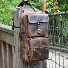 Brown Leather Men's Sling Bag Brown Sling Pack Chest Bags One Shoulder Backpack For Men