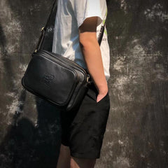 Black Fashion Leather Mens 10 inches Small Courier Bag Black Postman Bags Side Bag Messenger Bag For Men