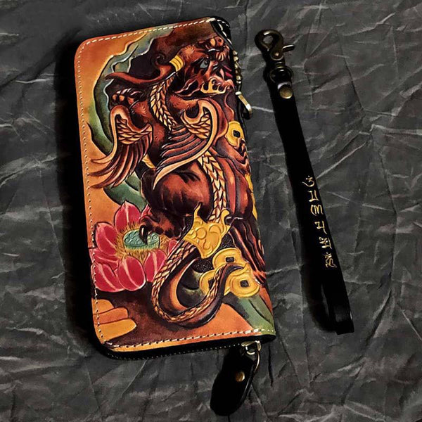 Badass Black Leather Men's Long Biker Handmade Wallet God Beast Tooled Zipper Lo WG02752039