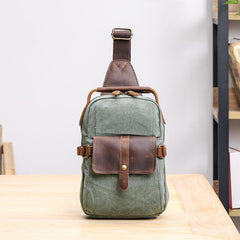 Canvas Leather Mens Khaki Chest Bag One Shoulder Backpack Green Sling Bag for Men