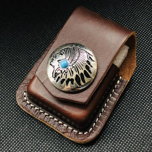 Coffee Handmade Leather Mens Indian Zippo Lighter - Back View