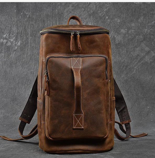 Retro Brown Leather Men 14" Barrel Laptop Backpack Hiking Backpack Travel Backpa 24J04591072