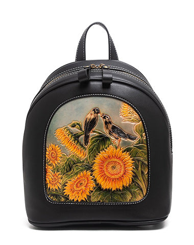 Handmade Ladies Black Leather Small Backpack Sunflower Tooled Womens Leather Rucksack