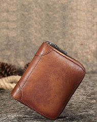 Vintage Women Brown Leather Small Wallet Zip Around Bifold Billfold Wallet with Coin Pocket For Women