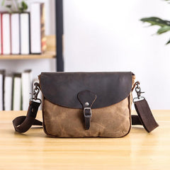 Waxed Canvas Leather Mens 10'' Khaki Side Bag Shoulder Bag Messenger Bag for Men