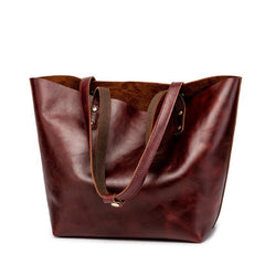 Mens Womens Leather Red Brown Tote Handbag - Side View