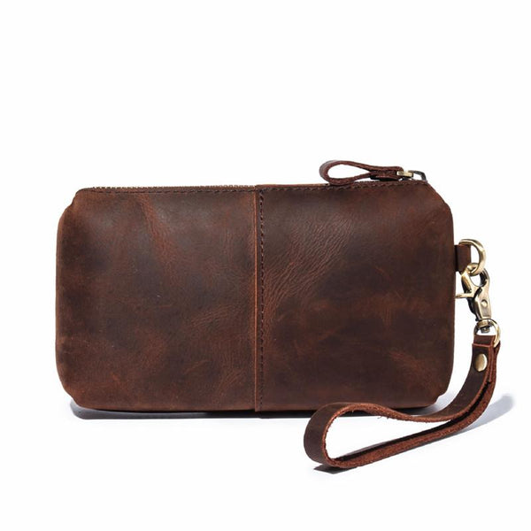Brown MENS LEATHER ZIPPER CLUTCH WRISTLET PURSE - Back View