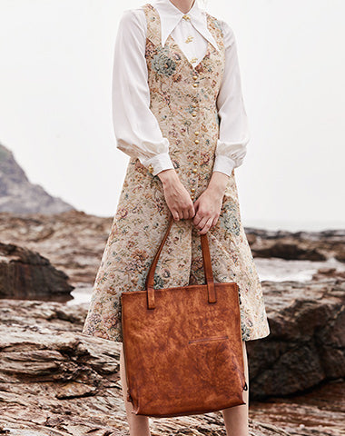 Best Brown Leather Womens Vertical Tote Handbag Handmade Vintage Tote Shoulder Purse for Ladies