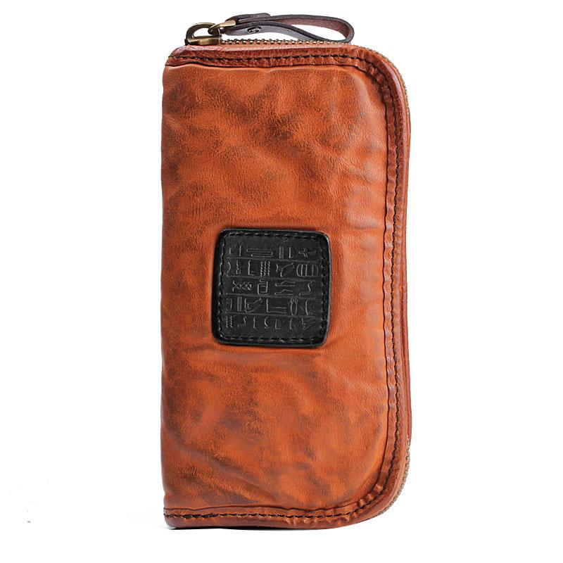 Handmade Leather Mens Cool Black Long Leather Wallet Brown Zipper Clutch Wallet Phone Bag for Men