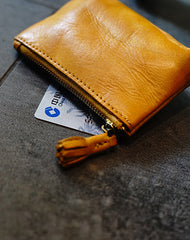 Vintage Women Mini Yellow Leather Zip Coin - Front View