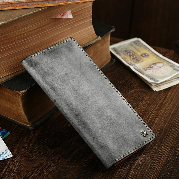 Simple Handmade Mens Brown Slim Long Wallet Blue Bifold Slim Card Wallet Clutch CZPY01551006