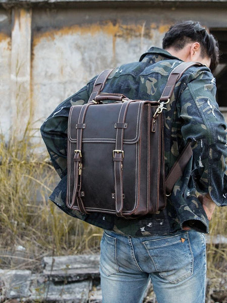 Dark Brown Fashion Mens Leather 13-inch Computer Backpacks Travel Backpacks Brow HB05691125