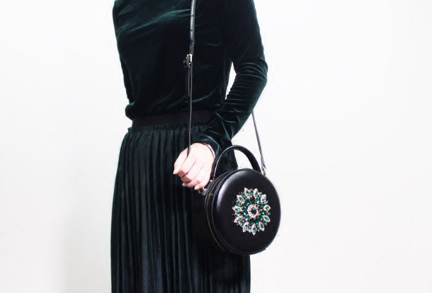 Genuine Leather Round Bag Handbag Purse Shoulder Bag Black for Women Leather Crossbody Bag