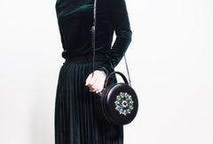 Genuine Leather Round Bag Handbag Purse Shoulder Bag Black for Women Leather Crossbody Bag - EverHandmade