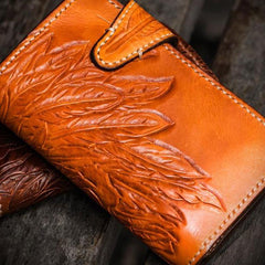 Handmade Leather Tooled Skull Indian Chief Biker Wallets Mens Cool billfold Chain Wallet Trucker Wallet with Chain