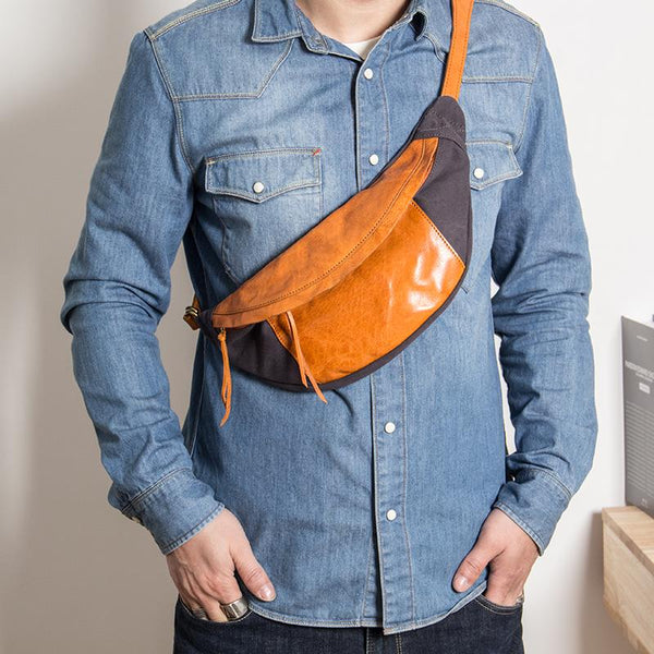 Canvas Leather Mens Sling Bag Dark Gray Chest Bag One Shoulder Backpack for Men