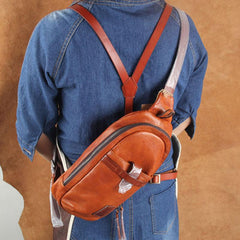 Genuine Brown Leather Mens Cool Chest Bag Sling Bag Brown Crossbody Pack One Shoulder Backpack for men