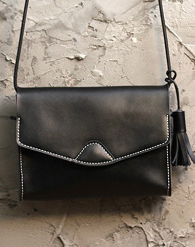 Cute Black LEATHER Flip Side Bag Handmade WOMEN Envelope Crossbody BAG Purse FOR WOMEN