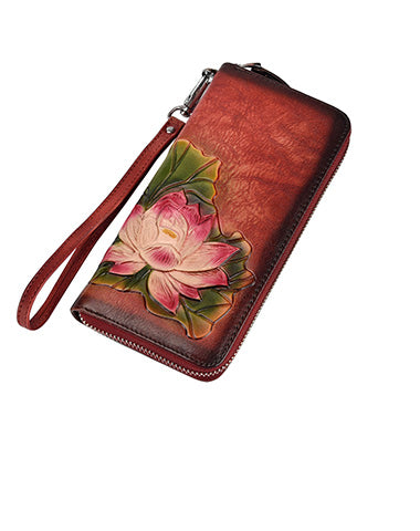 Womens Lotus Flower Red Leather Zip Around Wallet Wristlet Wallet Flower Ladies Zipper Clutch Wallet for Women