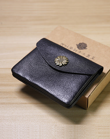 Slim Women Black Sunflower Leather Card Wallet Minimalist Envelope Card Holder Wallet Coin Wallet For Women