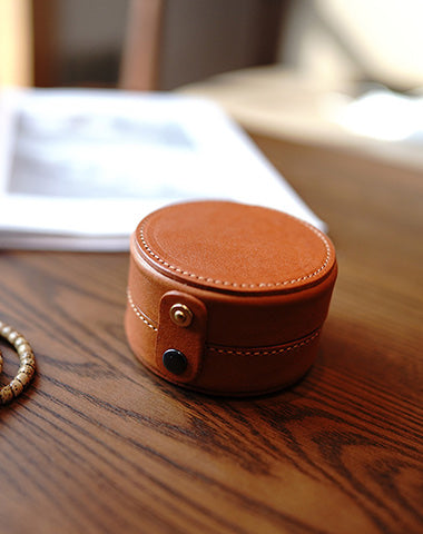 Cute Women Brown Leather Round Coin Wallet Box Small Portable Jewelry Storage Box For Women