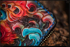 Handmade Leather Chinese Lion Tooled Mens billfold Wallet Cool Chain Wallet Biker Wallet for Men