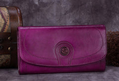 Genuine Leather Wallet Folded Long Wallet Vintage Wallet Purse For Women - EverHandmade