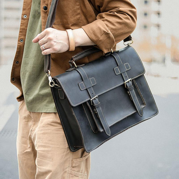 Vintage Black Mens Leather Briefcases Work Handbags - Back View