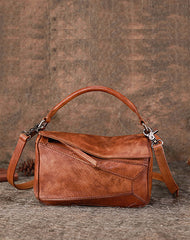 Vintage Leather Womens Cube Shoulder Bag Handmade - Side View