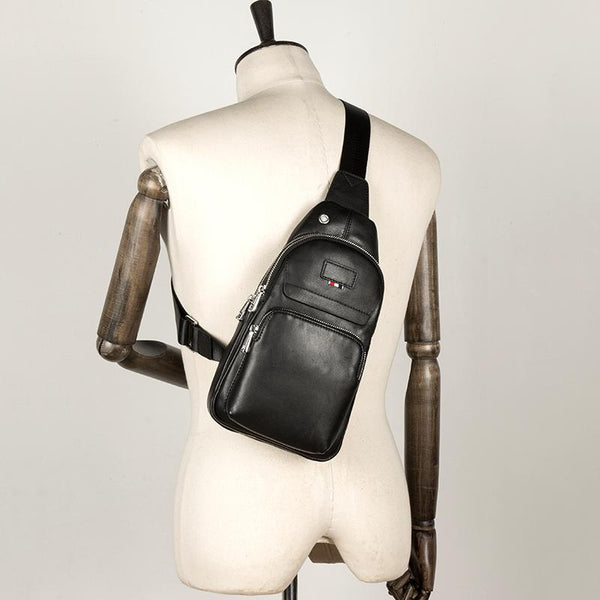 Black Leather Mens Cool Crossbody Packs Sling - Back View