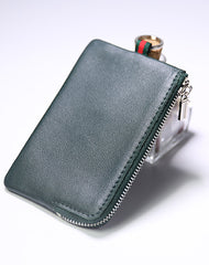 Slim Women Green Leather Zip Wallet with Keychains Billfold Minimalist Coin Wallet Small Zip Change Wallet For Women