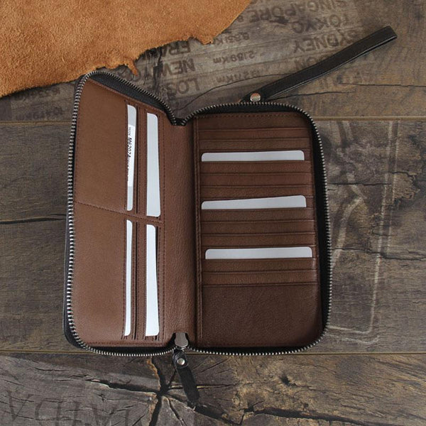 Handmade Genuine Leather Mens Cool Long Leather Wallet Zipper Clutch Wristlet Wa YBL02281093