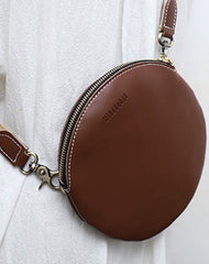 Cute Round LEATHER Small Side Bag Coffee WOMEN Circle SHOULDER BAG Small Crossbody Purse FOR WOMEN