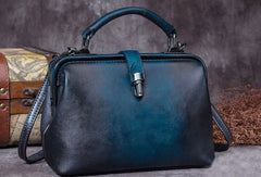 Handmade Blue Leather Handbag Vintage Doctor Bag Shoulder Bag Purse For Women