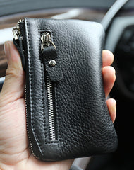 Slim Womens Black Leather Zip Wallet With Keychain Card Wallet Zip Coin Wallet for Ladies